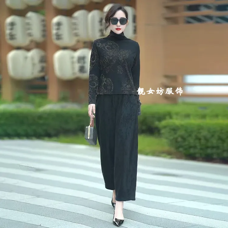 高档中年妈妈两件套秋冬新款高领大码套头上衣搭配哈伦裤时尚套装
