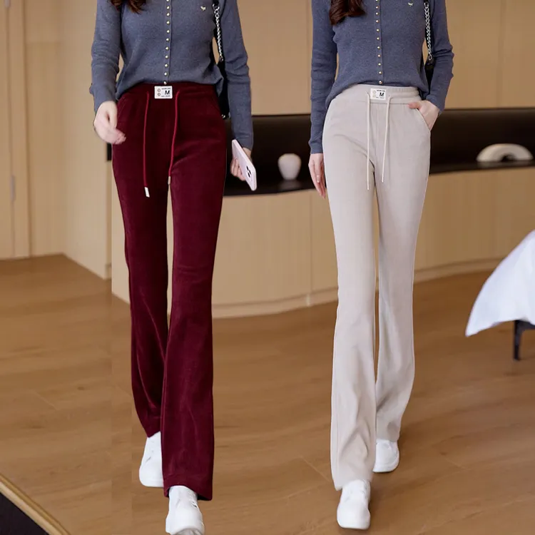 秋冬欧棉绒微喇裤女2025新款休闲运动修身裤小个子高腰显瘦喇叭裤