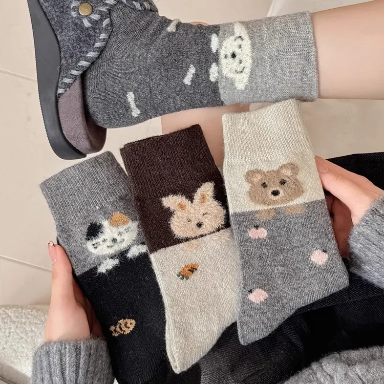 儿童撞色可爱卡通猫咪袜女童秋冬保暖中筒袜中大童暖绒日系长袜冬