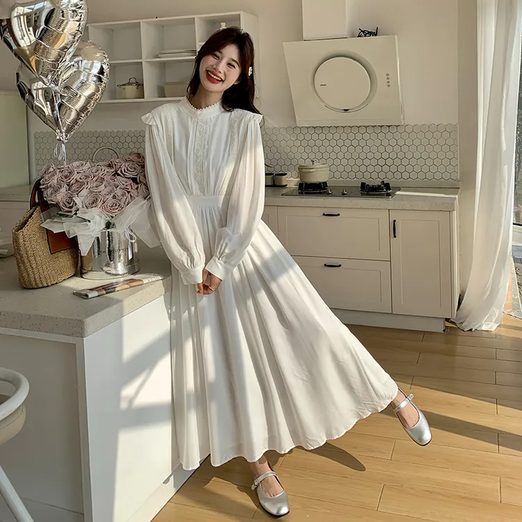 茶歇法式白色长袖连衣裙女春季2025新款气质温柔风绝美初恋仙女裙
