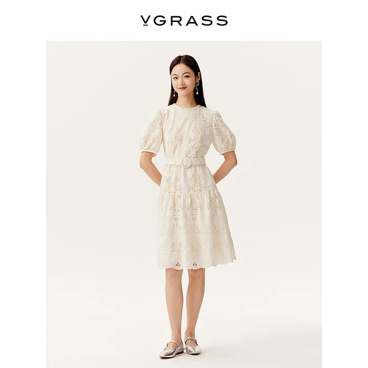 VGRASS重工组合绣花连衣裙25年夏季新款圆领泡泡袖裙子VSL2Q2295C