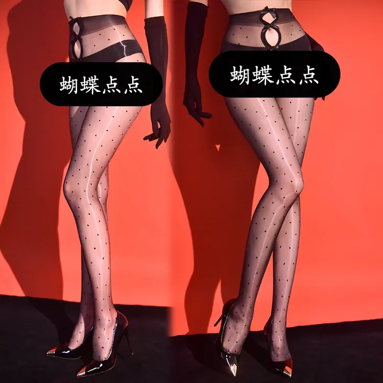 超薄极光波点黑丝连裤袜网红亲肤美腿袜夏季性感蝴蝶结镂空丝袜