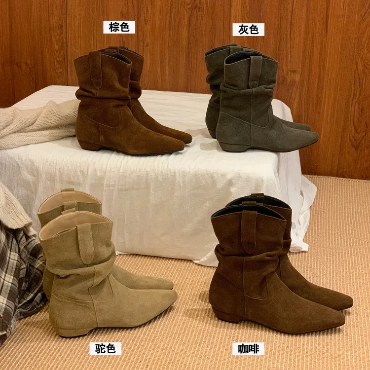 软皮版！复古低跟尖头西部牛仔堆堆靴女秋冬新款马丁靴百搭瘦瘦靴