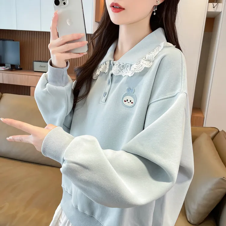2025新款慵懒风套头POLO蕾丝设计拼接卫衣女设计感秋季外套上衣潮