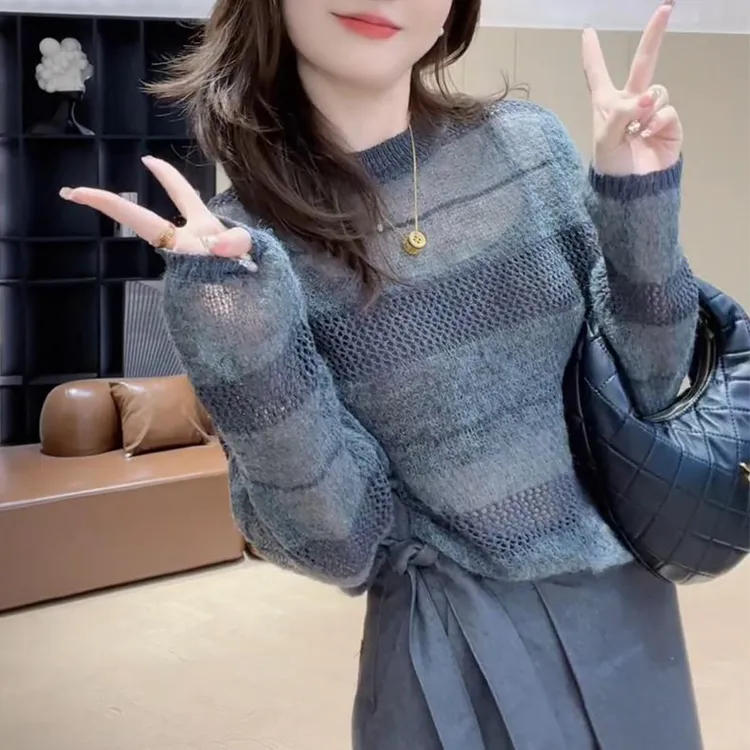 宽松减龄条纹撞色镂空针织衫女2025秋季新款时尚韩系圆领长袖上衣