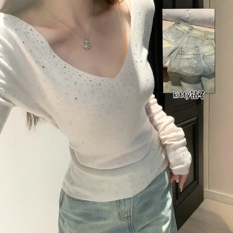 巨好看的重工烫钻针织打底衫女内搭秋冬加厚软糯早秋韩系V领上衣