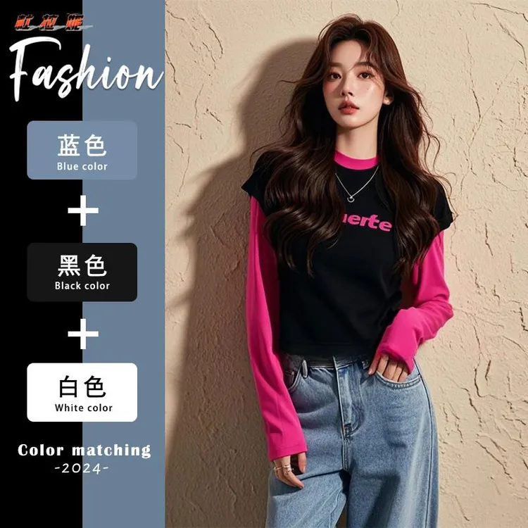杜拉妮2025初秋新款黑粉撞色假两件长袖无帽卫衣女装炸街减龄上衣