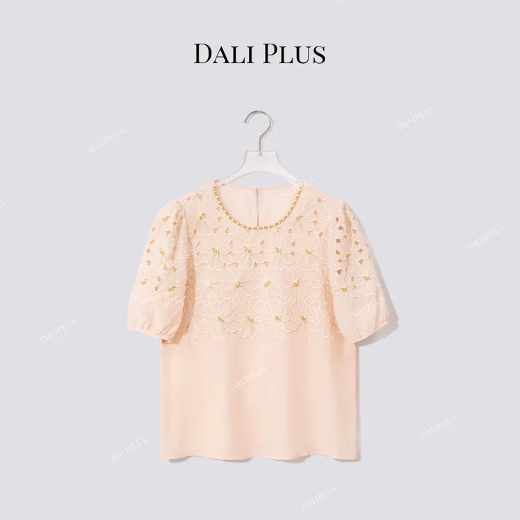 DALI PLUS“重磅桑蚕丝双绉” 手工钉珠绣花圆领衬衫-D5LT2149