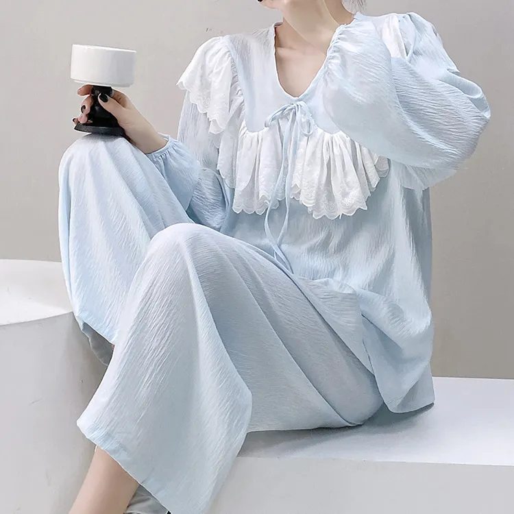 2025新款云朵棉薄款睡衣套装女士简约蕾丝花边V字领高级感家居服