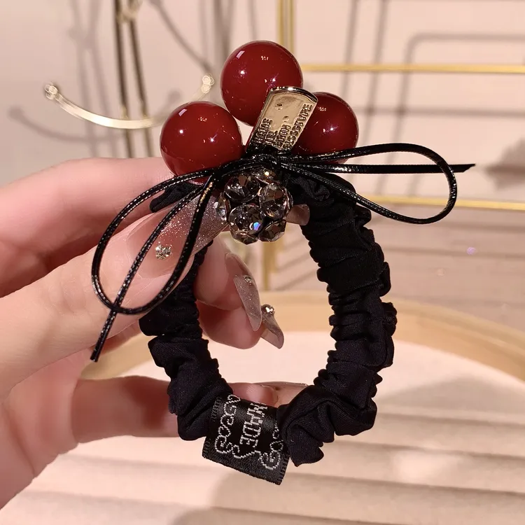 新年款红色珠珠发圈头绳女网红时尚高弹力扎马尾百搭丸子头皮筋