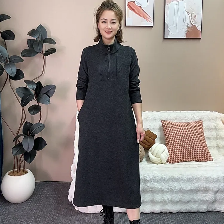 立领连衣裙秋冬新款中老年连衣裙长袖裙子休闲百搭拉链领长裙【1】