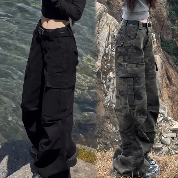 美式复古迷彩工装休闲裤女2025年春秋新款高腰宽松显瘦直筒阔腿裤