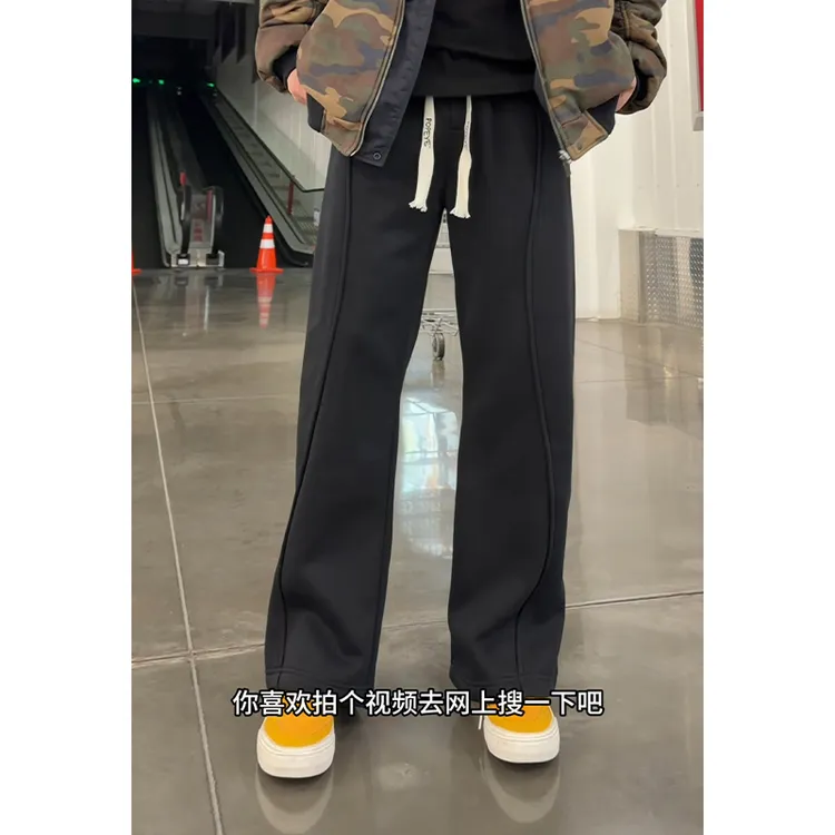 黑色结构分割斜切卫裤男款秋冬季宽松显瘦加绒裤子美式运动休闲裤