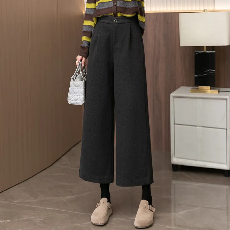 【阿宅专属】深灰色羊毛呢阔腿裤女秋冬新款宽松小个子八分直筒裤