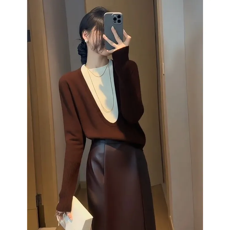 独特别致假两件咖色上衣女装2025秋季小众不撞款时髦洋气显瘦毛衣
