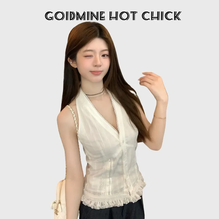 2025夏季纯欲风辣妹蕾丝花边挂脖吊带背心设计感别致修身甜辣上衣