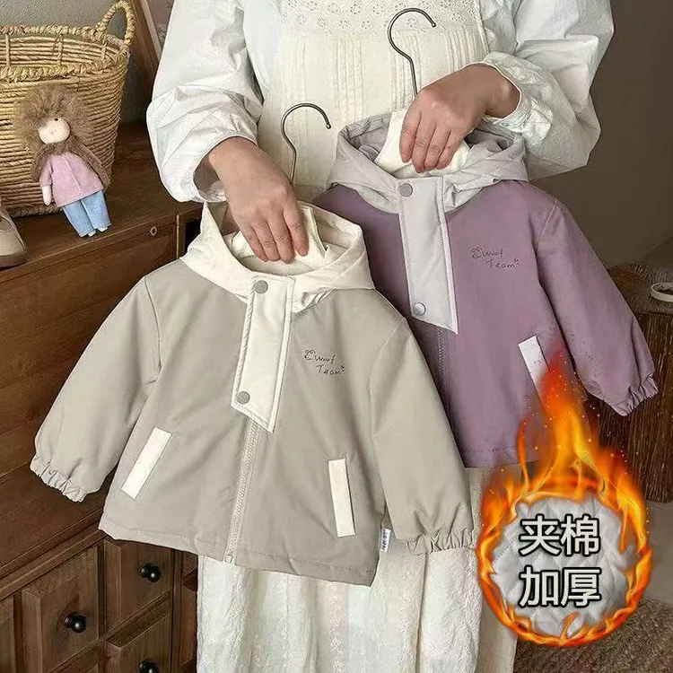 男女童夹棉冲锋衣2025秋冬新款儿童卡通棉服连帽宝宝二棉加厚外套