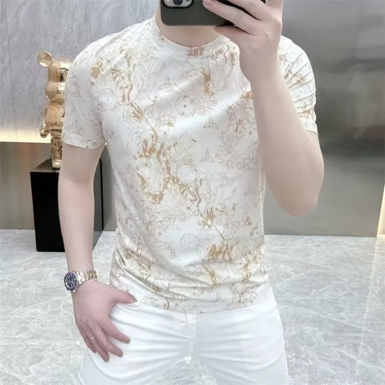 冰丝欧货潮牌质感短袖T恤男士百搭轻奢印花修身迷彩圆领半袖潮