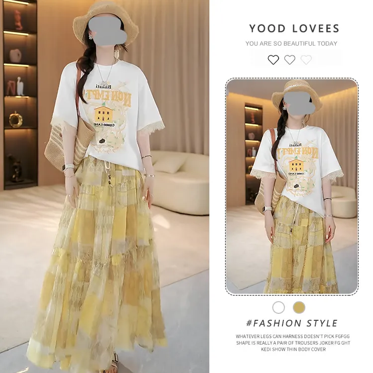 夏日蕾丝拼接花朵短袖女t恤2025新款爆款夏季波西米亚半身裙套装