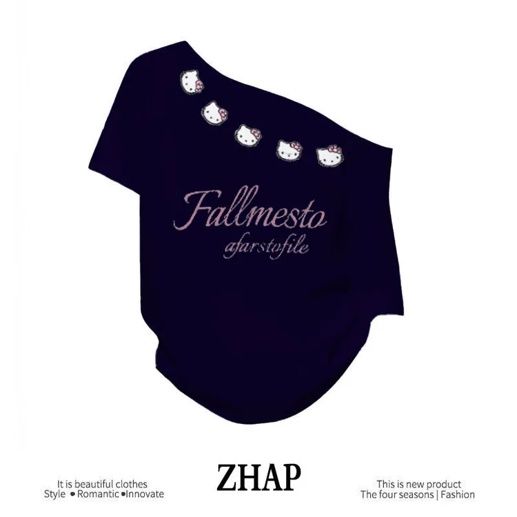 【ZHAP】夏季新款斜肩宽松短袖t恤女藏青色清新韩版遮肉显瘦上衣