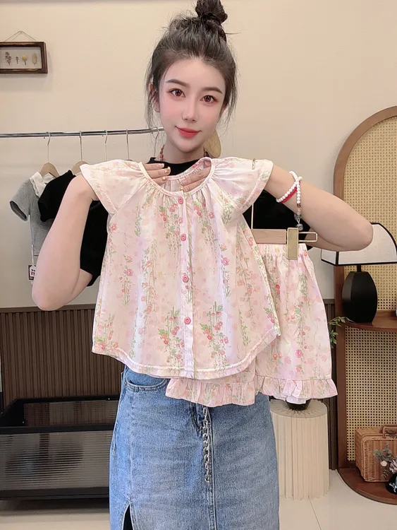 女童新款睡衣夏季薄款短袖套装 夏天清爽小飞袖裙裤家居服套装