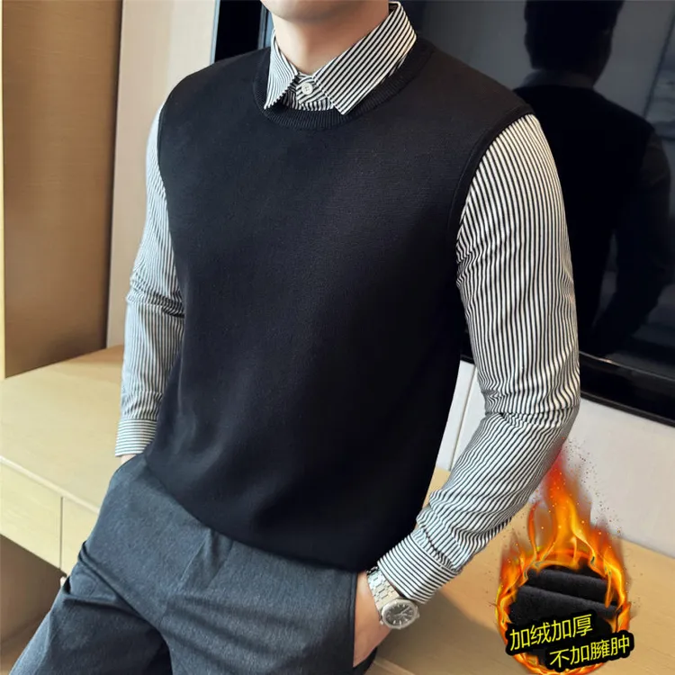 冬季加厚加绒条纹衬衫领拼接毛衣男商务假两件针织衫