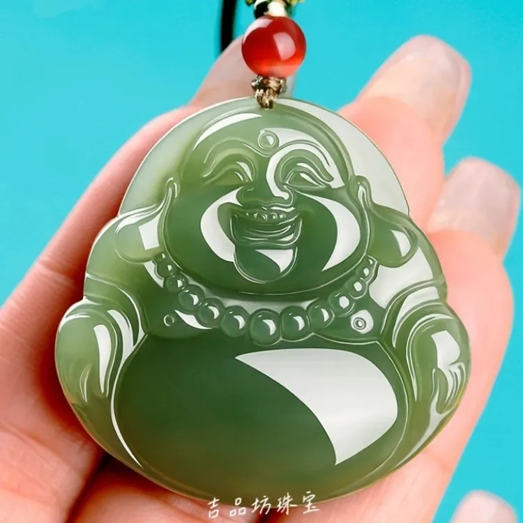 天然新疆和田玉青玉笑佛吊坠平安弥勒佛挂坠女玉石佛公挂件玉佛公