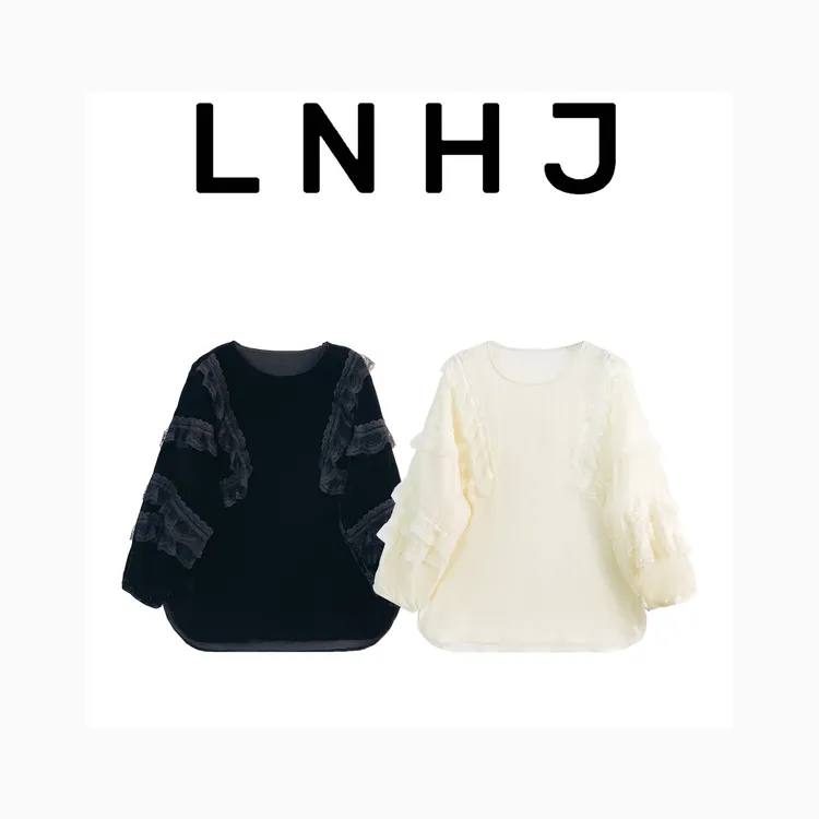 LNHJ【蕾丝物语】圆领设计感蕾丝拼接丝绒长袖上衣