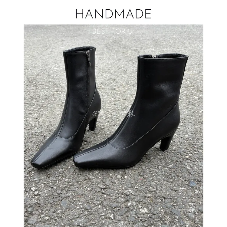 漫言町7cm全粒面头层小牛皮方头高跟短靴侧拉链时装靴简约气质