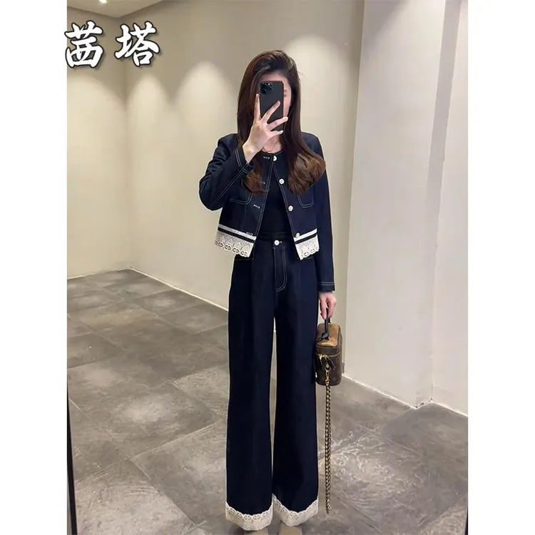 小个子气质蕾丝牛仔外套阔腿裤女装2025春季新款独特漂亮休闲套装
