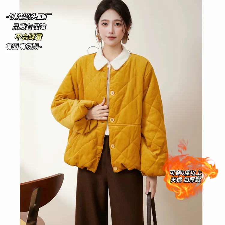 【稻浪翻金】灯芯绒棉服女款2025新款保暖宽松圆领冬天外套