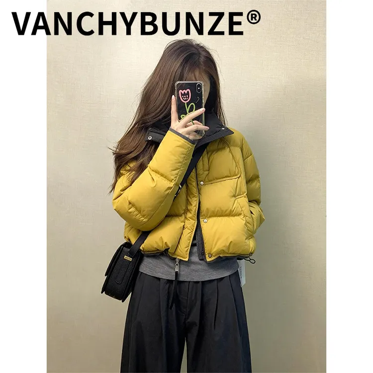 BUNZE韩系短款黄色撞色棉服女冬季小个子加厚保暖百搭面包服外套