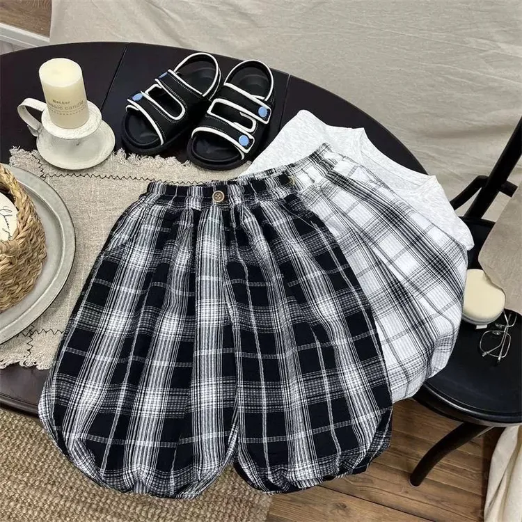 儿童男女童宝2025新款夏薄软格子防蚊裤九分裤休闲裤子韩灯笼裤潮