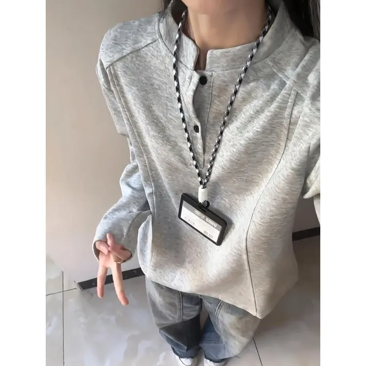 浅灰色亨利领长袖t恤男秋季解构拼接设计感正肩打底衫POLO衫卫衣