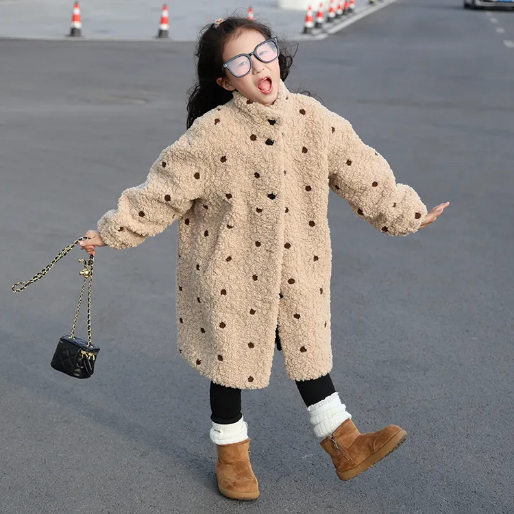 女童毛毛外套豹点羊羔毛中长款2025冬棉服环保仿皮草皮毛一体大衣