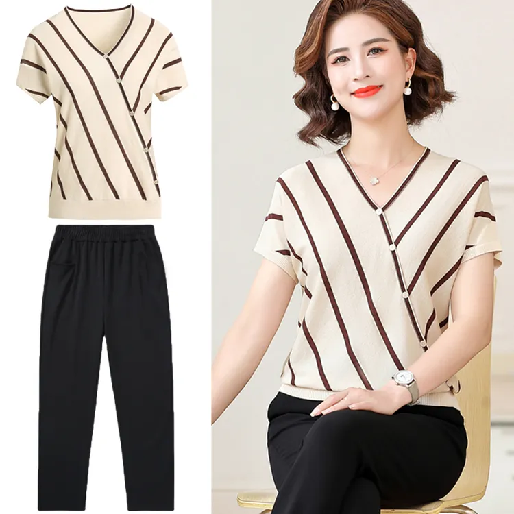 时尚妈妈夏装两件套25-50岁气质中年女夏季冰丝上衣中年洋气T恤