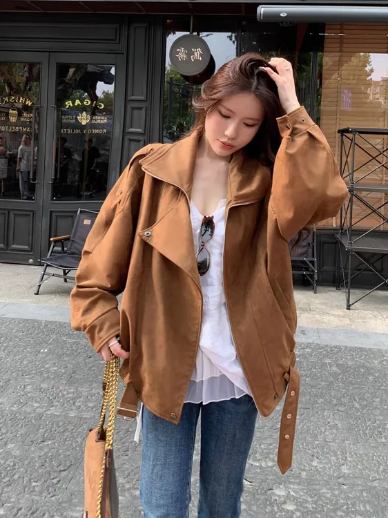 新款麂皮绒机车美拉德夹克外套女秋冬复古休闲宽松慵懒翻领廓型感