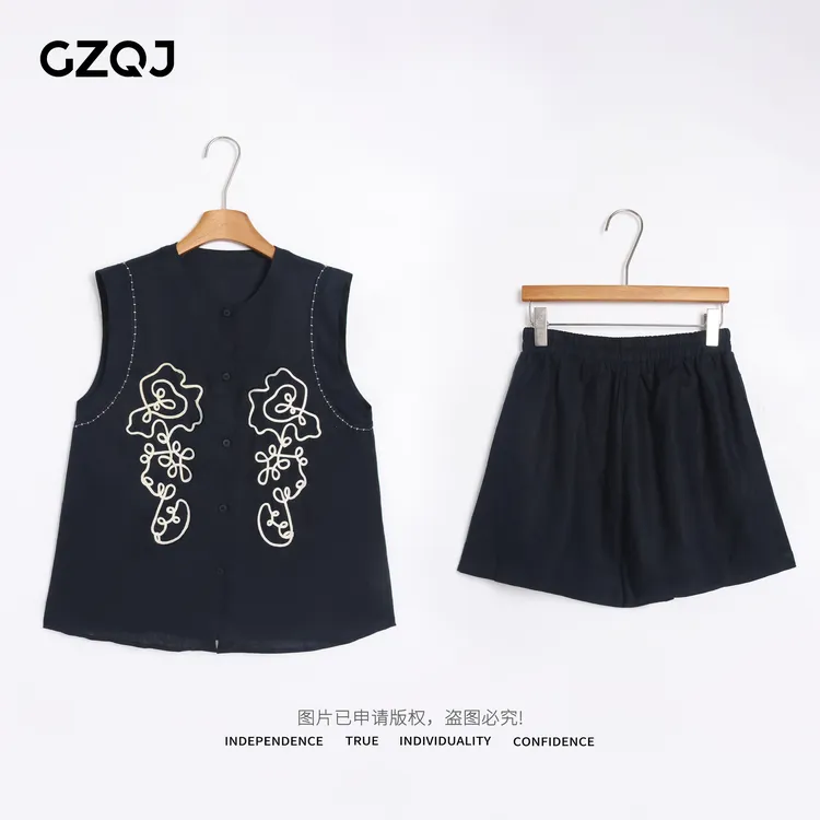 老琴私服【许愿池】亚麻欧若风时尚圆领上衣松紧腰短裤套装女65292