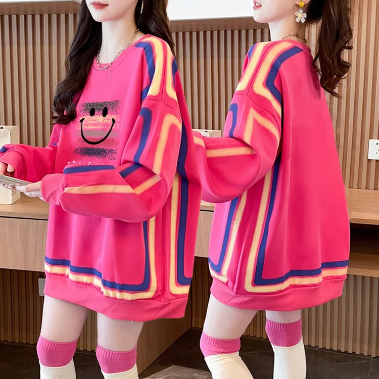 大码女装胖mm中长款圆领卫衣女春秋新款韩版宽松百搭慵懒风上衣潮