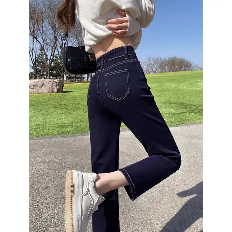 丹宁蓝高腰直筒牛仔裤女春秋2025新款秋冬深蓝色八九分显瘦烟管裤