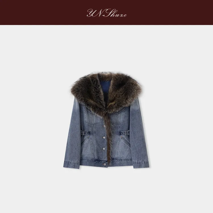 YN-SHUZE【漫游者】复古做旧洗水浣熊毛领短款外套SZ-YNB-J0123