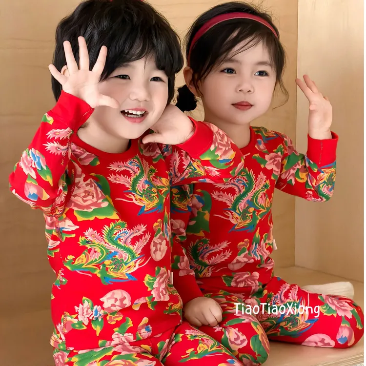 A类300克纯棉加厚新年款儿童纯棉长袖无骨保暖家居服套装亲子装