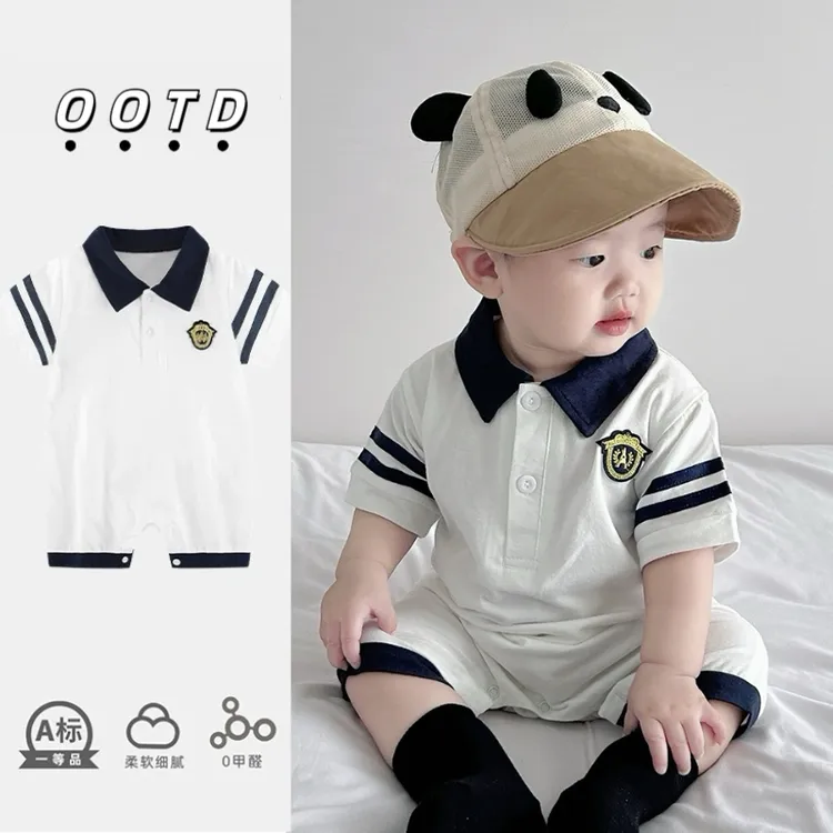 【高定精梳纯棉】婴儿夏季薄款连体衣宝宝学院风短袖哈衣爬服外出服
