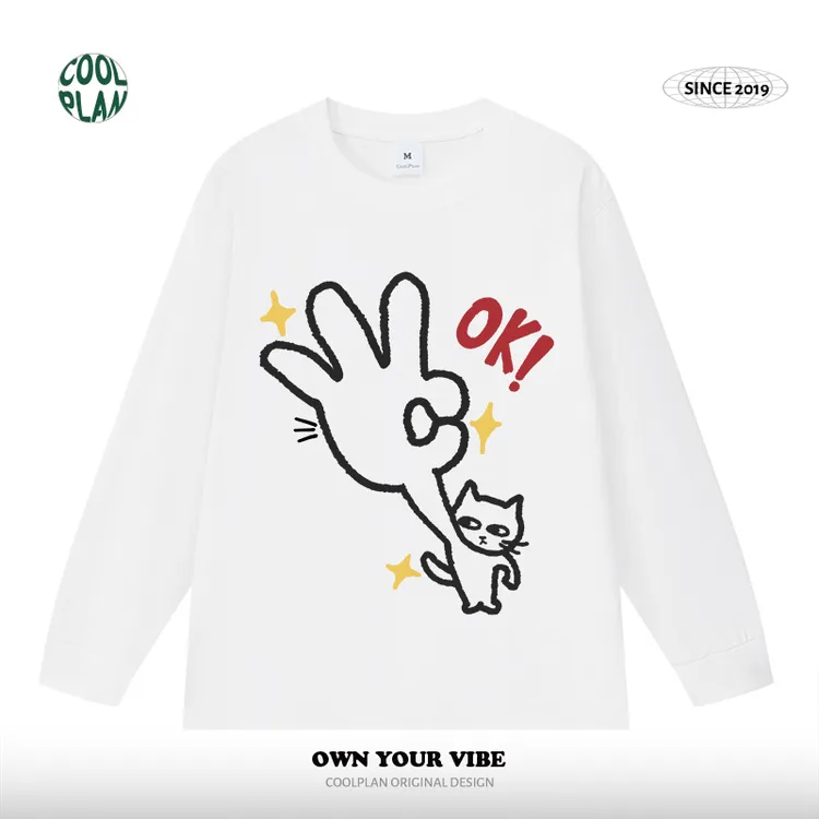 OK猫美式卡通风猫咪印花长袖T恤男女秋季百搭宽松慵懒chic上衣