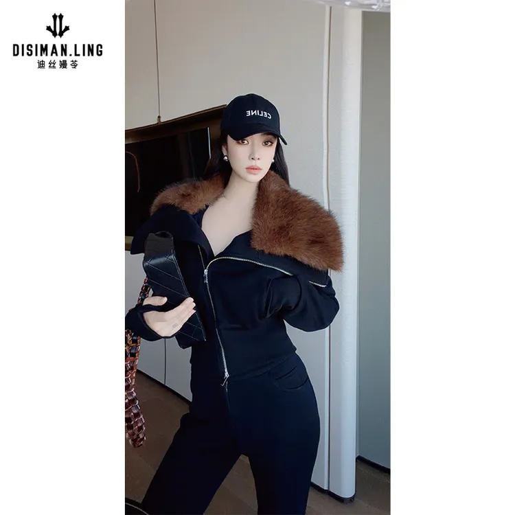 【迪丝嫚苓】黑色绵针织套装气质时尚休闲百搭女士秋冬保暖成套搭配