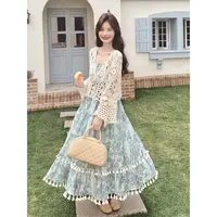 C-8960大码秋季新款印花度假风吊带裙+镂空开衫套装