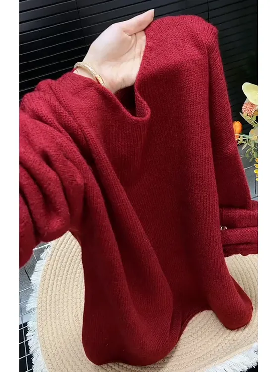 韩系套头红色针织衫上衣女2025年秋季新款减龄百搭宽松小众毛衣潮