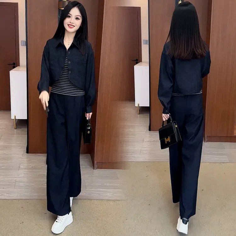 时尚牛仔套装女2025秋季新款洋气显瘦短外套条纹背心阔腿裤三件套