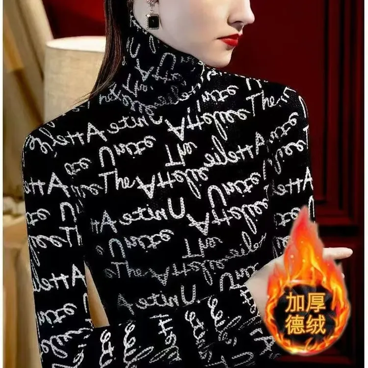 洋气宽松经典格子条纹印花字母长袖高领德绒保暖通勤名媛风常规款