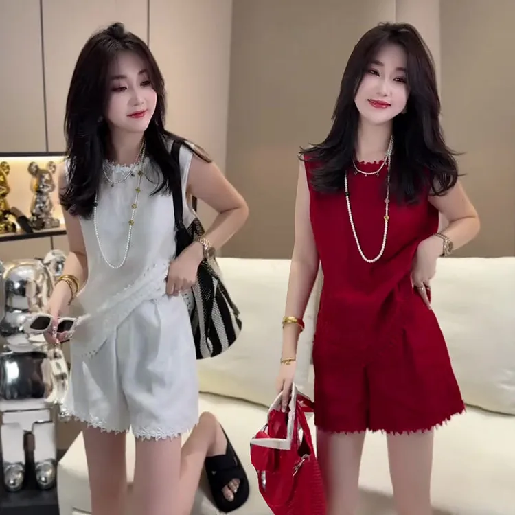 2025夏季新款韩版休闲时尚套装女圆领蕾丝花边背心上衣短裤两件套